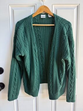 Vintage Cable Knit Open Cardigan Sweater Teal Green Chunky Heavyweight 90’s